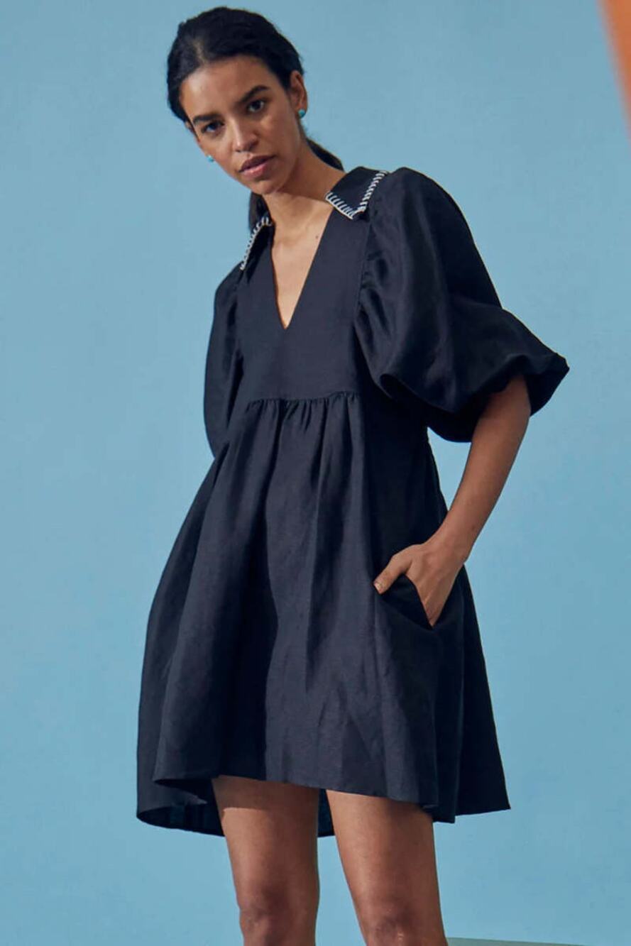 Hunter Bell Noah Black Poplin Collared V-Neck Puff Sleeve Mini Dress Small